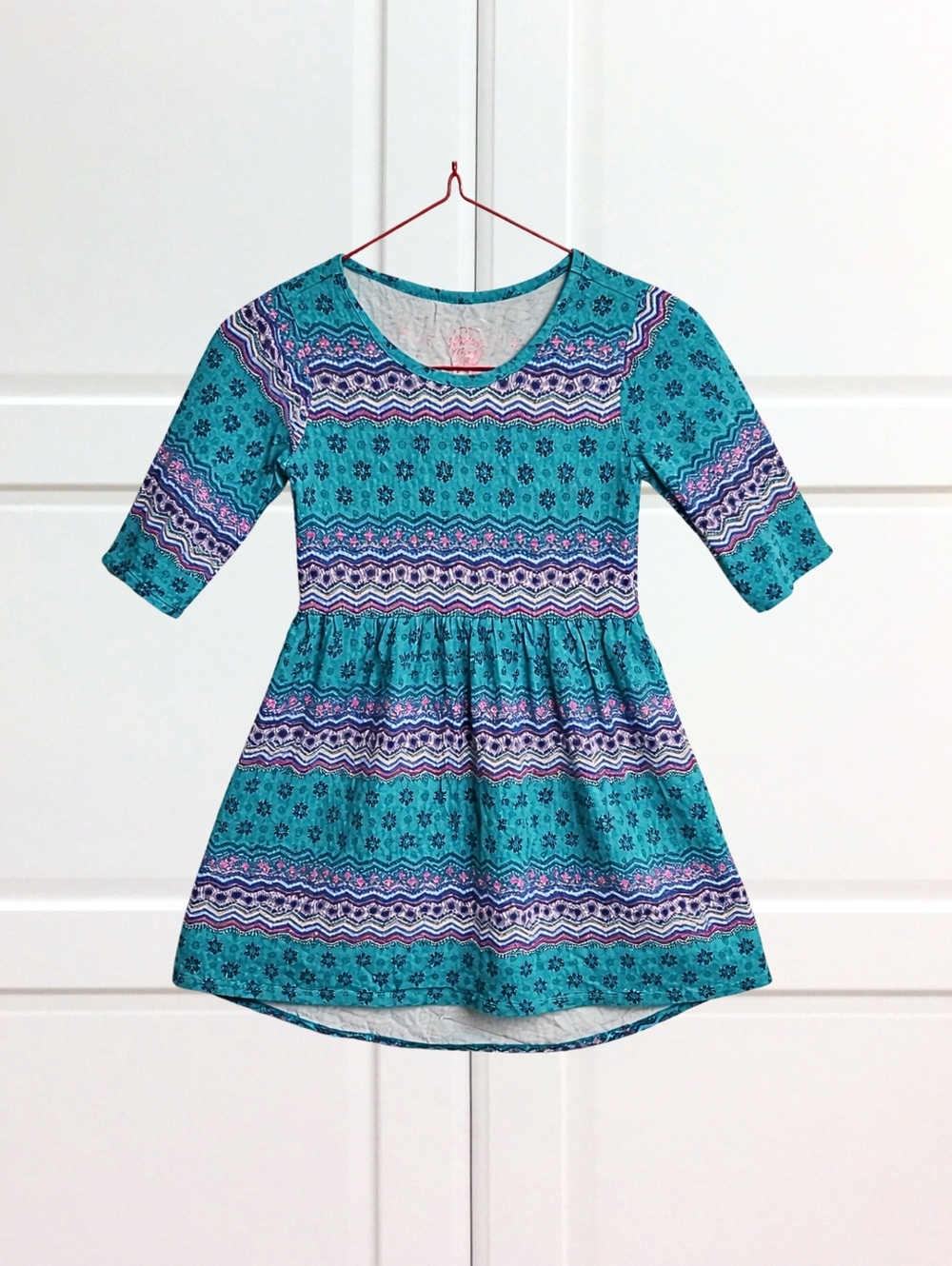 Girls Boho Dress Size 6 Bright Blue Aztec Print Short Sleeve Faded Glory - Picture 6 of 6